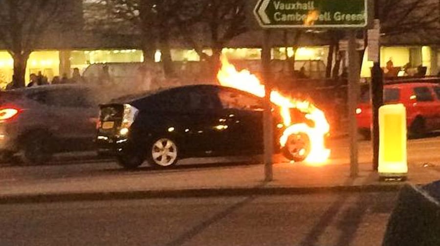 The Toyota Prius on fire at Elephant and Castle last Tuesday (Photo: @ThatKeith