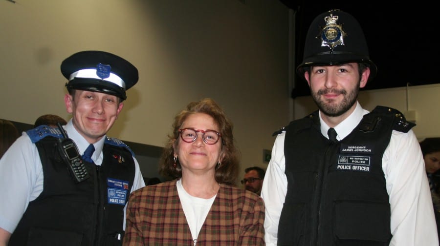 PCSO Shane Steadman and Sgt James Johnson with Abby Taubin, chair of Southwark's Neighbourhood Watch