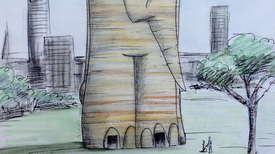 A sketch of the mammoth monument proposed for  Elephant and Castle