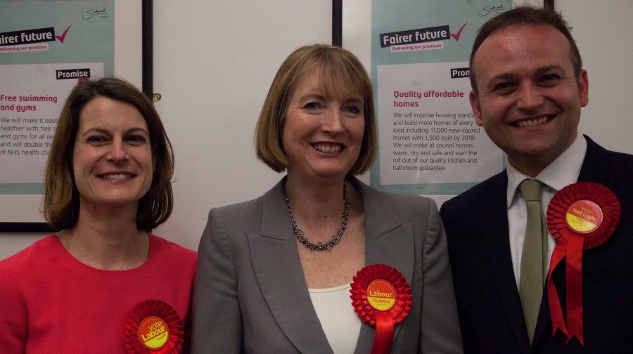 Helen Hayes, Harriet Harman and Neil Coyle on election night 2015 (photo credit: Alexandra Coyle)