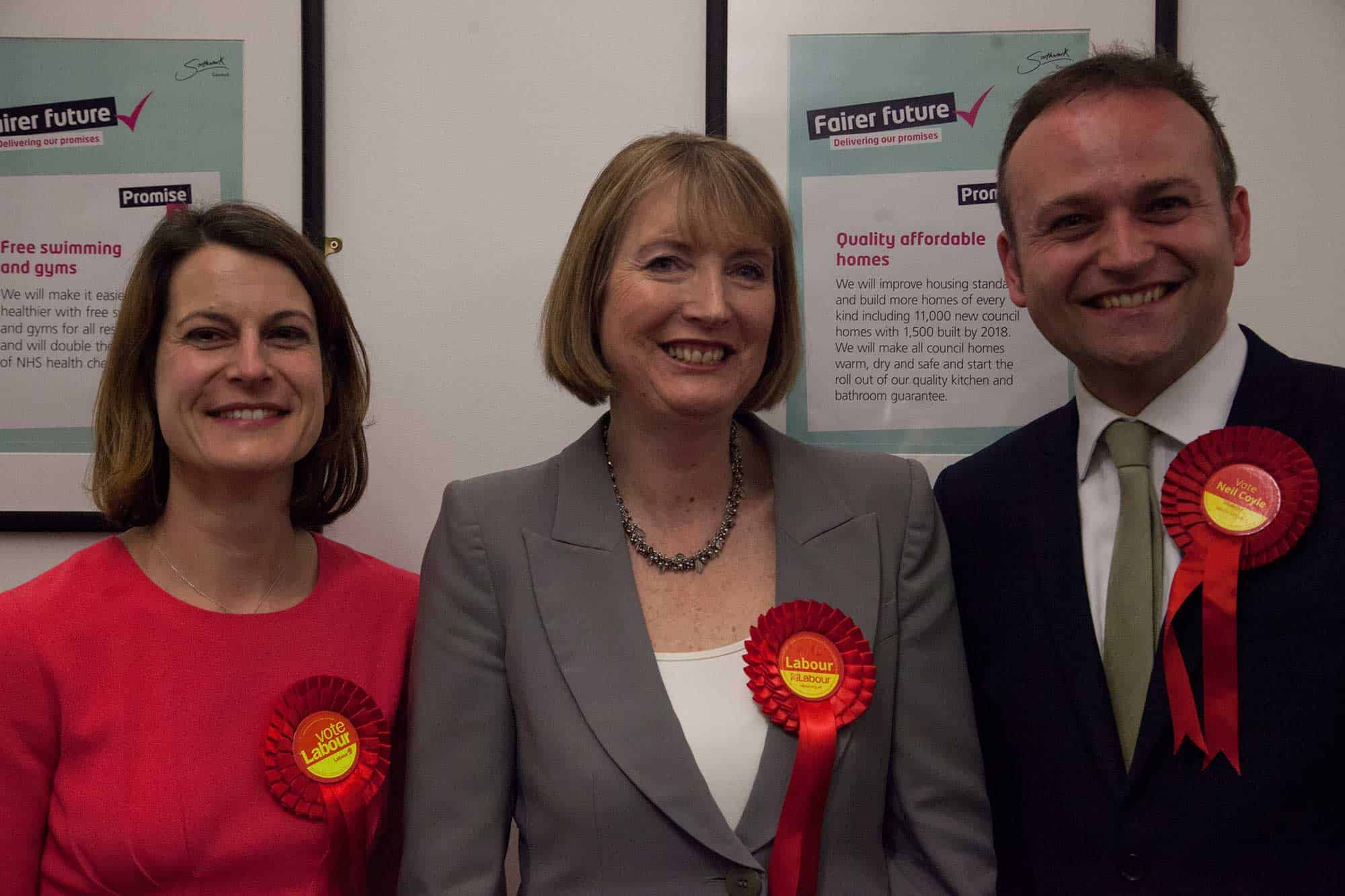 Harriet Harman (centre) was relected in Camberwell and Peckham and she was joined by newcomers, Neil Coyle (right) in Bermondsey and Old Southwark and Helen Hayes (left) in Dulwich and West Norwood. Photo: Alexandra Coyle