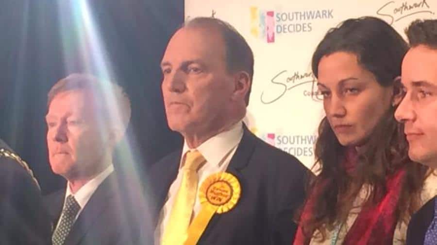 Simon Hughes at the vote count announcement in Tooley Street