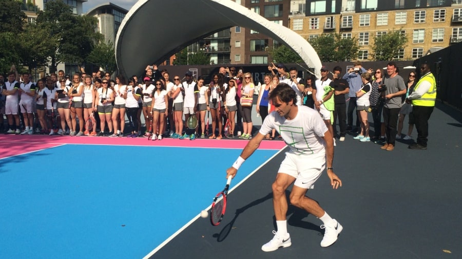 Roger Federer in action at the new courts in Tanner Street Park.