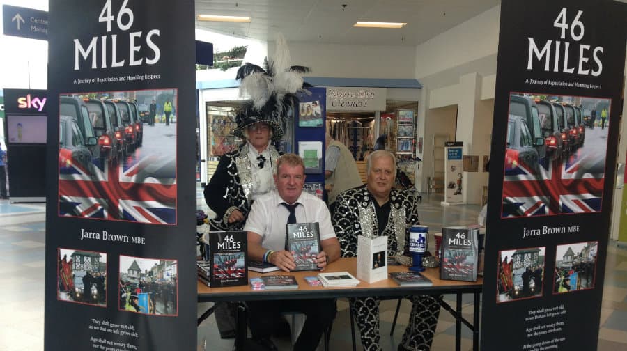 Jarra Brown with Pearly King Jimmy Jukes and Pearly Queen Michelle Thorpe at the Surrey Quays book launch