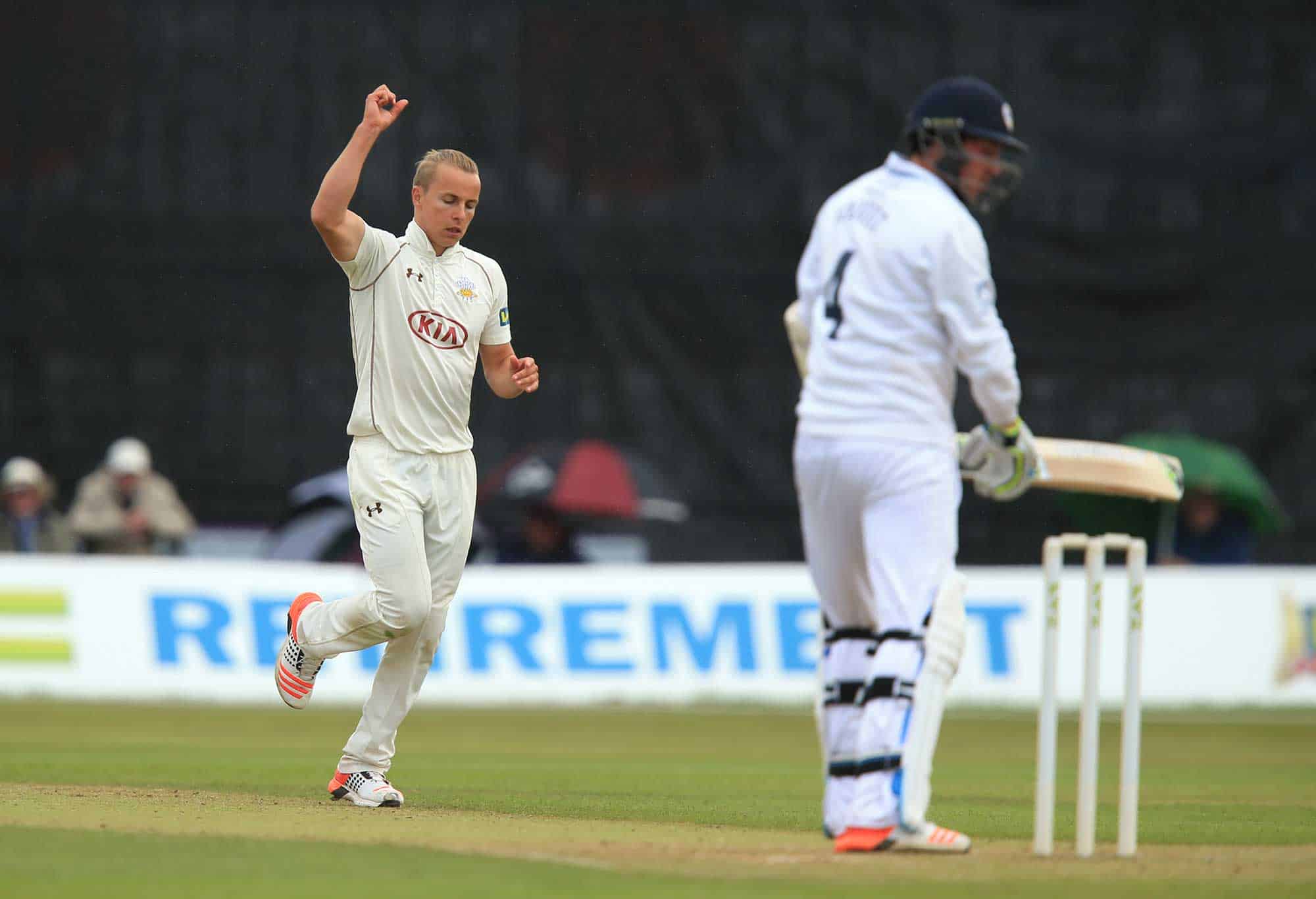 Surrey's Tom Curran  celebrates the wicket of Derbyshire's Mark Footitt