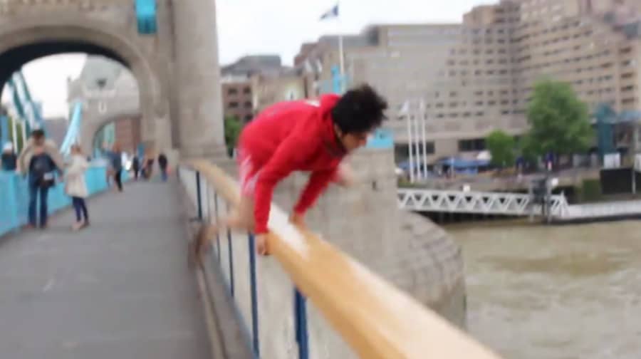 Shah jumping off Tower Bridge.