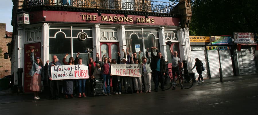 The Walworth Society protesting outside the 200-year-old Masons Arms