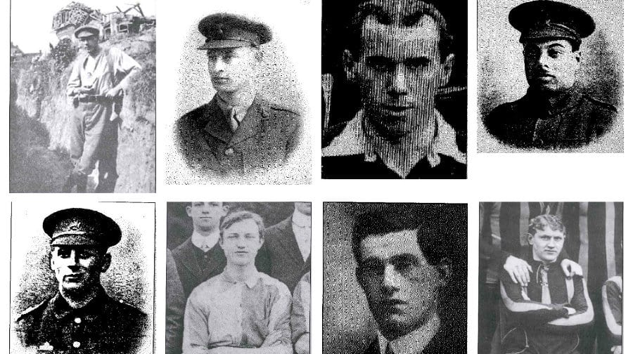 Top row, left to right: Archibald John Andrews, Edgar Laurence Bescoby, George Ernest Vasey, Francis W Hagger, 
Bottom row, left to right: George Arthur Popple, Louis Frank Seidel, Stanley Brace Peart, Tom Rose.