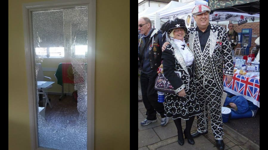 Jimmy and Michelle, right, with a door damaged during the raid, left.