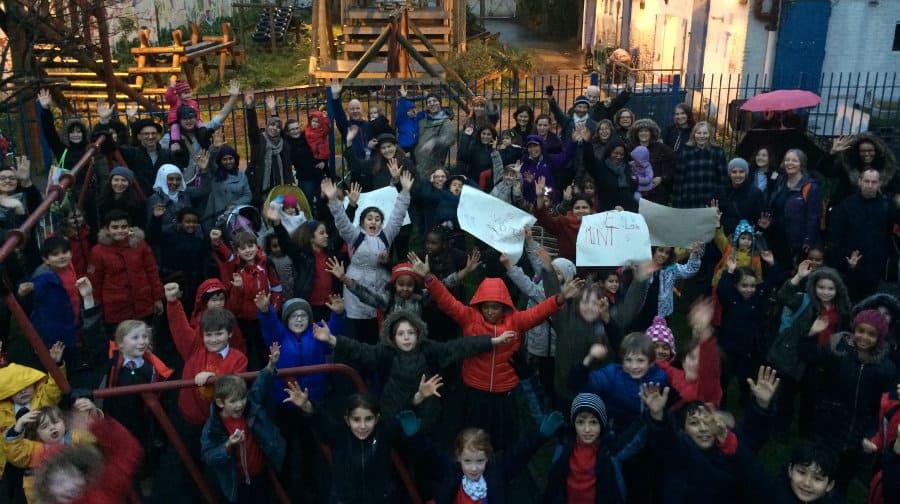 Children and parents protesting against council cuts at Mint Street Adventure Playground.