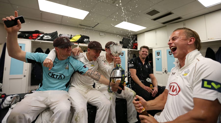 Surrey players celebrate winning the LV= County Championship, Division Two at The Kia Oval, London.