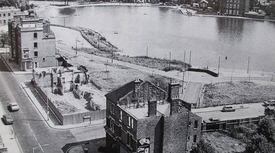 A archive photo of the bomed building (centre left) where the officers saved 12 people.
