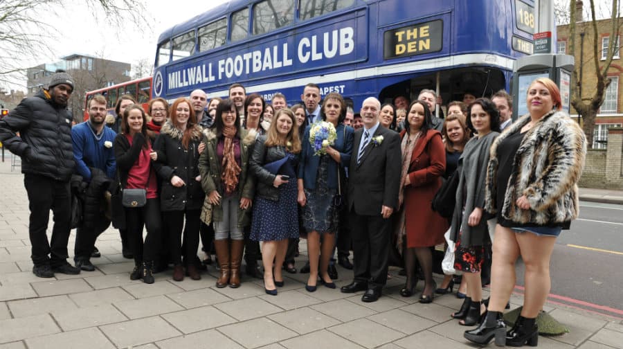 Wedding party ready for the Millwall fans' bus