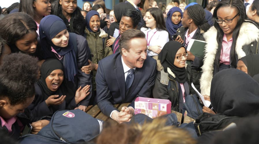 The PM was mobbed at a surprise appearence at Harris Academy Bermondsey this morning