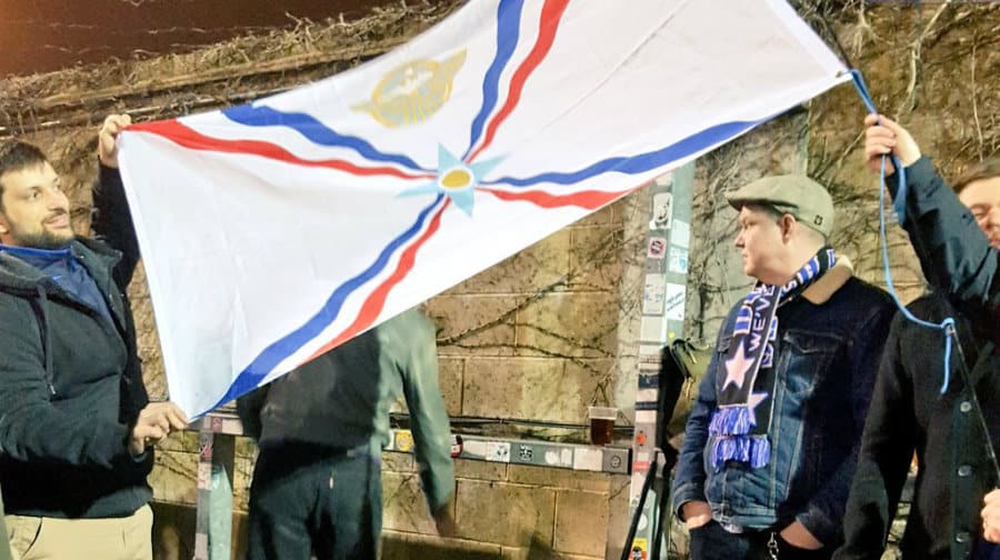 Dulwich fans waving an Assyrian flag (photo: Football Beyond Borders)