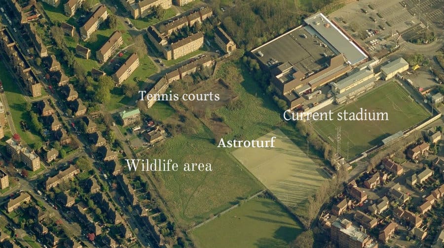 An aerial photo showing the Green Dale fields, the current stadium and the site for the proposed new ground