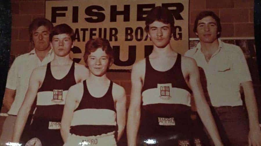 Con (on the left)?with the O’Sullivan brothers, who all boxed for Fisher