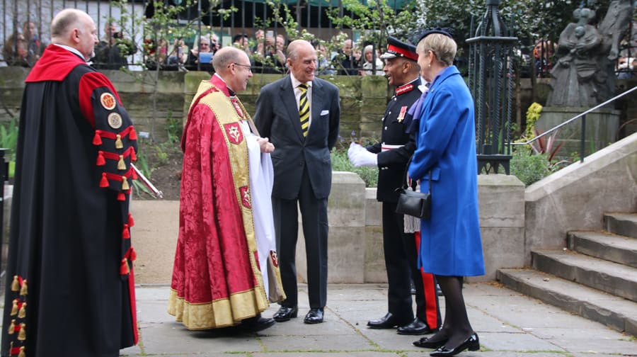 The Duke of Edinburgh with (left to right) Paul Timms, Dean of Southwark’s 
Verger; The Very Revd Andrew Nunn, Dean of Southwark; Mr Kenneth Olisa OBE, The Lord-Lieutenant of Greater
 London and Mrs Caroline Chartres, wife of the Bishop of London at Southwark Cathedral in 2016 Photo:Southwark Diocesan Communications