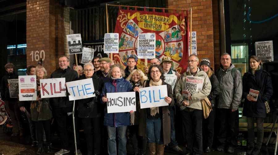 Protestors agianst the Housing Bill stood in Tooley Street. Left to right: Cllr Richard Livingstone, Cllr Maria Linforth-Hall, Baroness Jenny Jones and Tanya Murat of Southwark Defend Council Housing