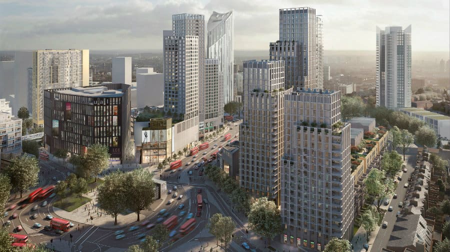 An artist's impression of the Elephant and Castle regeneration: view from north-west of the junction