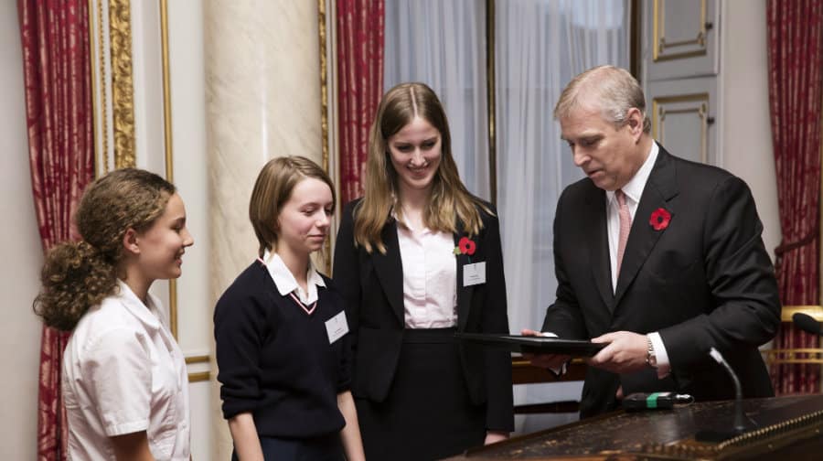 Deputy head girl Katherine Gray (centre right) with the Duke of York at Buckingham Palace