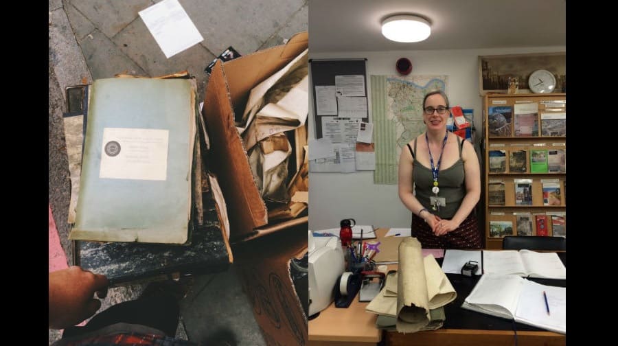 (L-R) Boxes of history and Dr Patricia Dark of the Local History Library (Credit - @nfkadam)