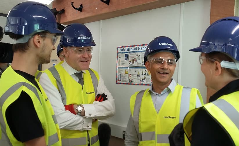 Mayor Sadiq Khan and council leader Peter John take a tour of the Construction Skills Centre in Elephant Park