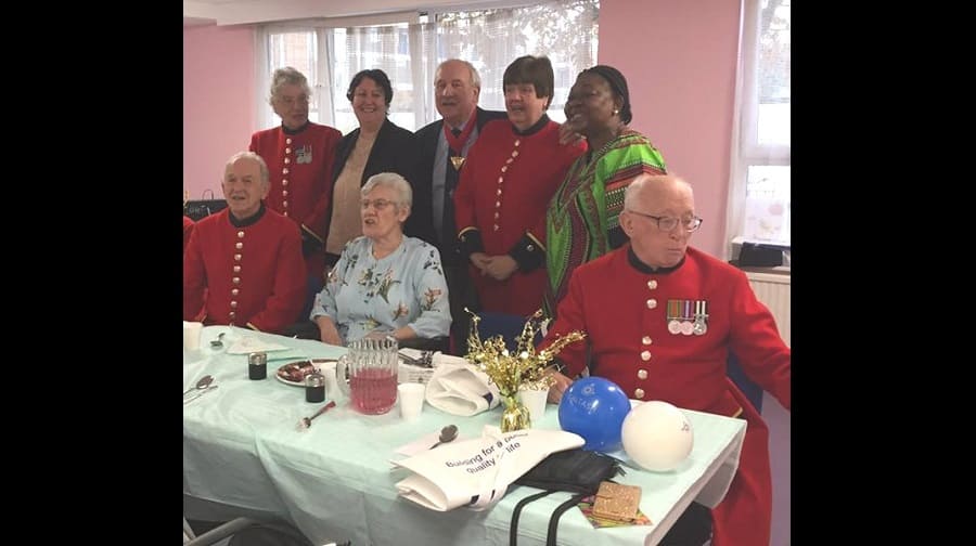Val Fenn, Chelsea Pensioners, and councillors Charlie Smith, Stephanie Cryan and Dora Dixon Fyle at the new Elmington Estate T&RA Hall