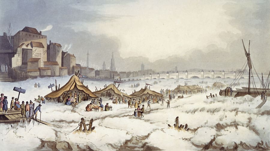 Colour aquatint showing the frost fair on the Thames published 18th February 1814. Aquatint. 'View of the Thames off Three Cranes Wharf when frozen Monday 31st January to Saturday 5th February 1814 on which a fair was held attended by many hundred persons'.