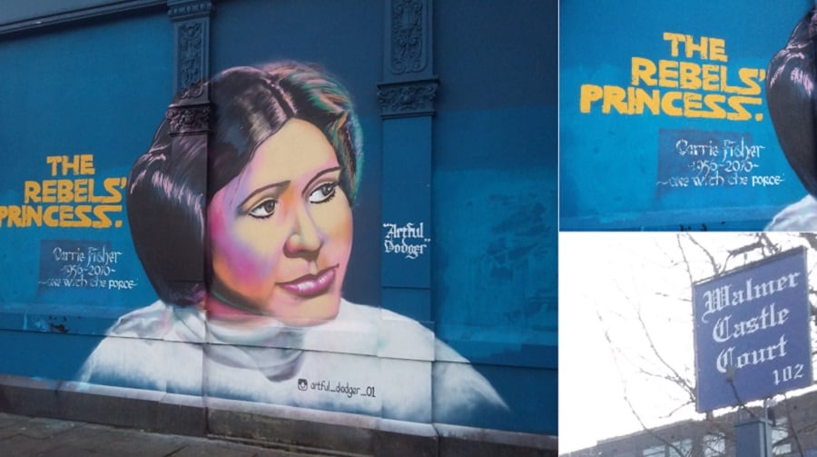 The memorial to Star Wars actress Carrie Fisher graffitied on to the side of a derelict pub