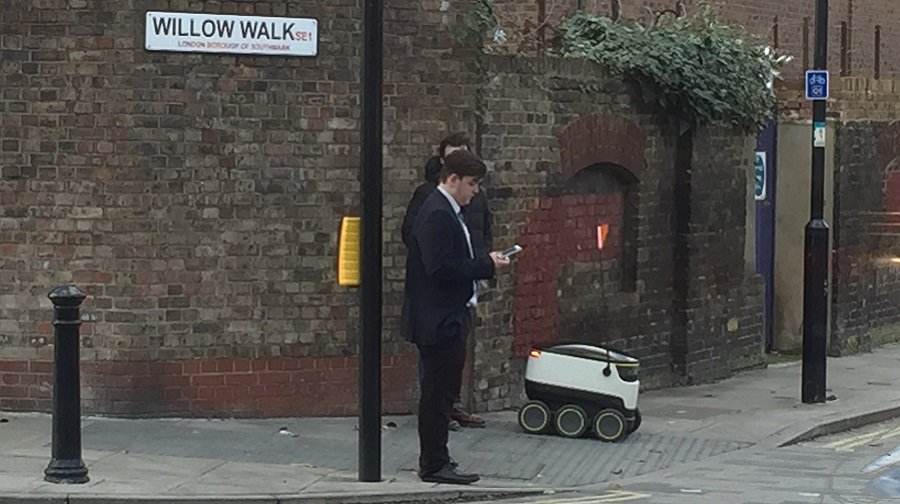 Credit: Hamish McCallum. A self-driving Just Eat delivery robot was spotted in Willow Walk, in Bermondsey