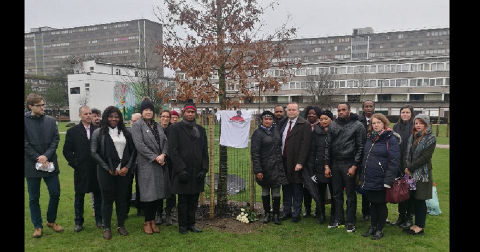 Mo's family and representatives from the community gathered at Surrey Square Park to plant a memorial oak tree in his memory