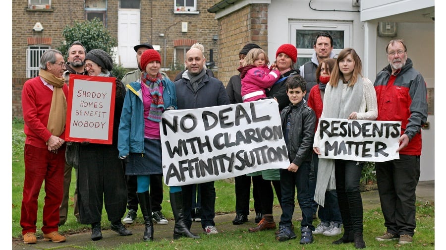 wyndham Redcar Interest Group protesting against Southwark signing a contract with dodgy developer The Clarion Group, photographed on land to be developed outside Carey Court, Wyndham Rd, SE5