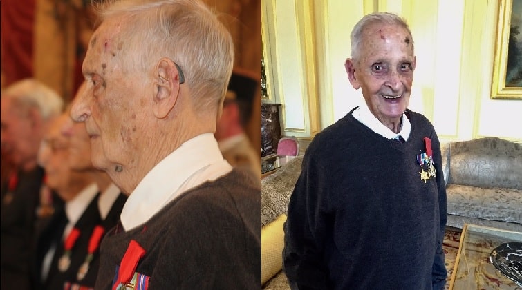 L: Rotherhithe Veteran collects his Legion D'honneur medal at the French Ambassador's Residence. R: ITV