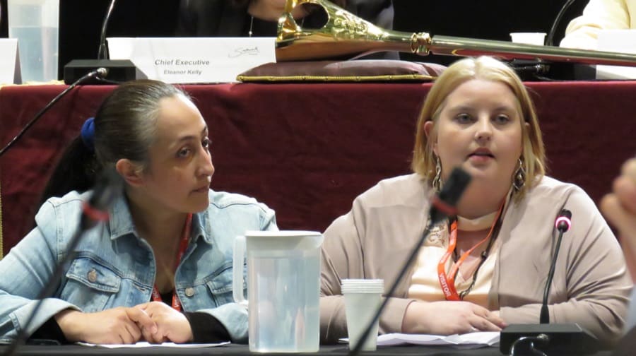 Sinem Quashie and Gemma Cooper, co-chairs of the Camden Society Parent and Carers Association, give their speech at a council meeting