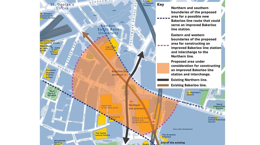 A TfL map showing the area under consideration, in which a worksite for the Bakerloo Line extension may need to be built