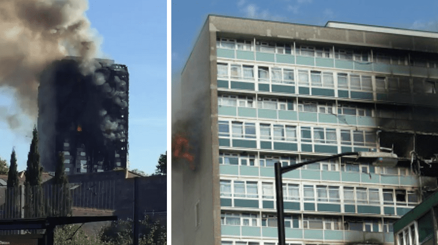 The Grenfell tower block fire (left); Lakanal House (right).