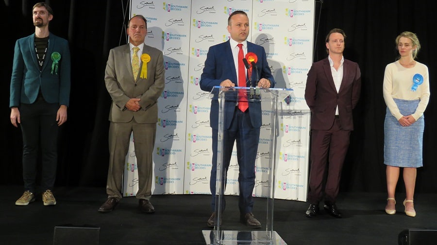 Bermondsey & Old Southwark candidates. Simon Hughes (second left) and Neil Coyle (centre). (Credit: Chiara Giordano)