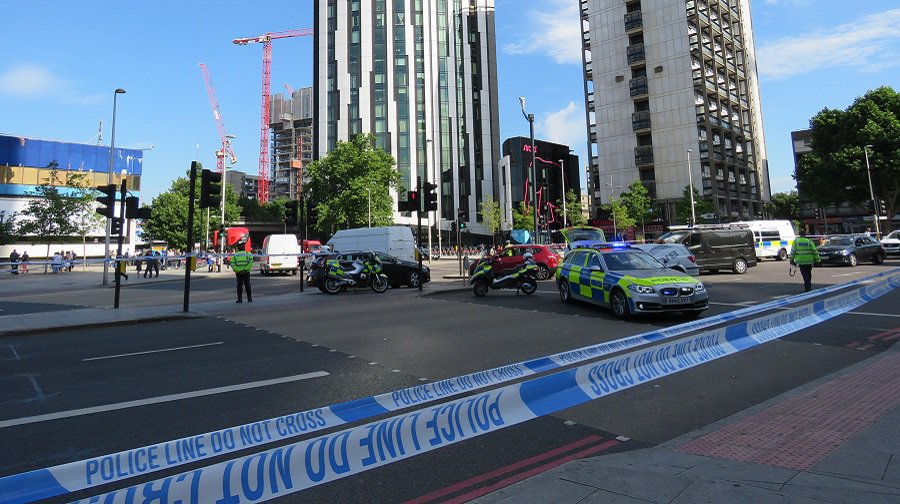 Police cordon at Elephant and Castle following collision between pedestrian and lorry (Credit: Emma Snaith)