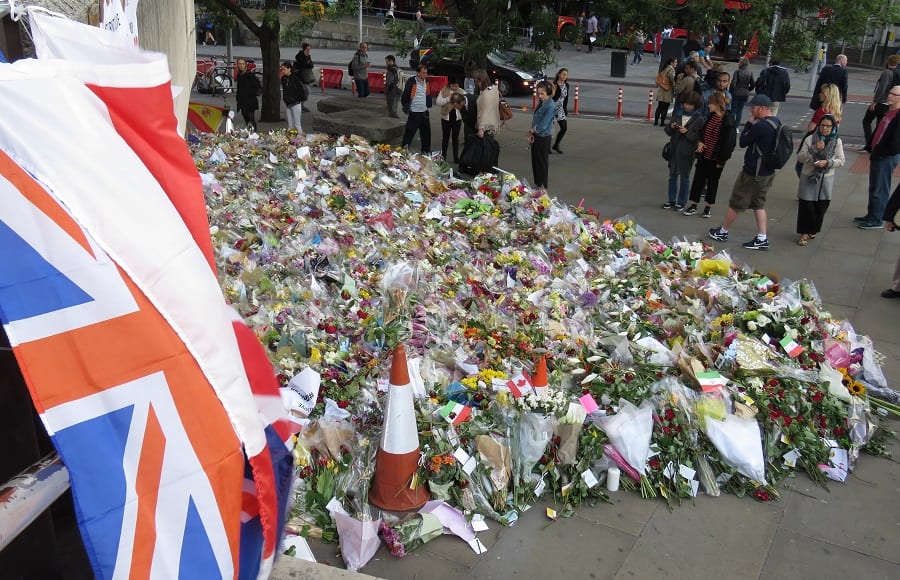 Flowers left in tribute to the victims of the attack are laid on London Bridge (Credit: Chiara Giordano)