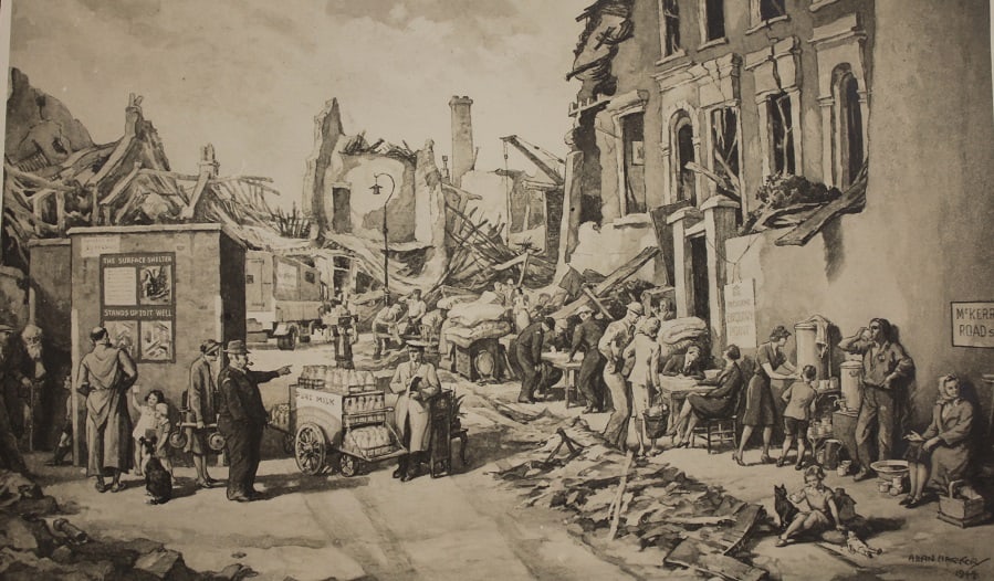 An artist's impression of the Corset Factory explosion in Nunhead Lane, 1944