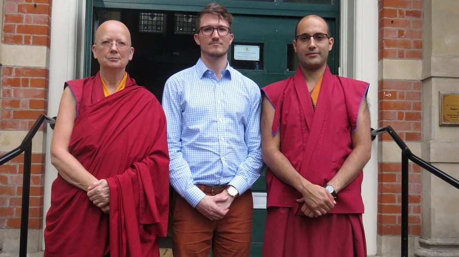 Pictured: Lama Zangmo, Cllr Ben Johnson, and Damcho Sherab outside the Buddhist Centre in Bermondsey Spa