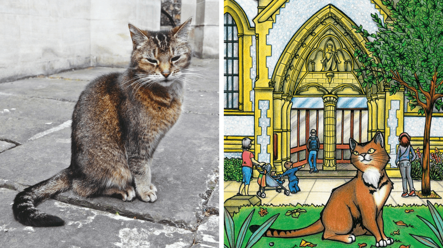 Southwark Cathedral's resident cat Doorkins (left) and a page from the book