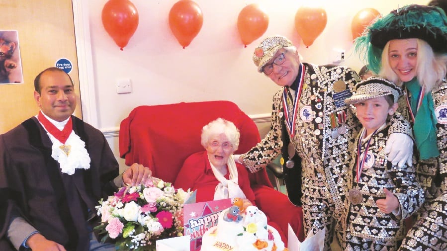 Winnie celebrates her 107th birthday with the deputy mayor of Southwark and Pearly King of Peckham