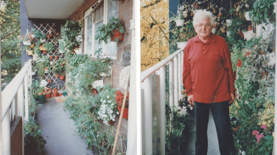 Margaret Lafferty with her beloved plants on her balcony
