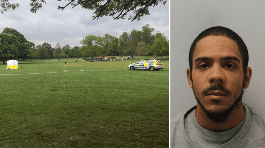 (Left) the crime scene in Dulwich Park. (Right) Jermaine McDonald, issued by Met Police