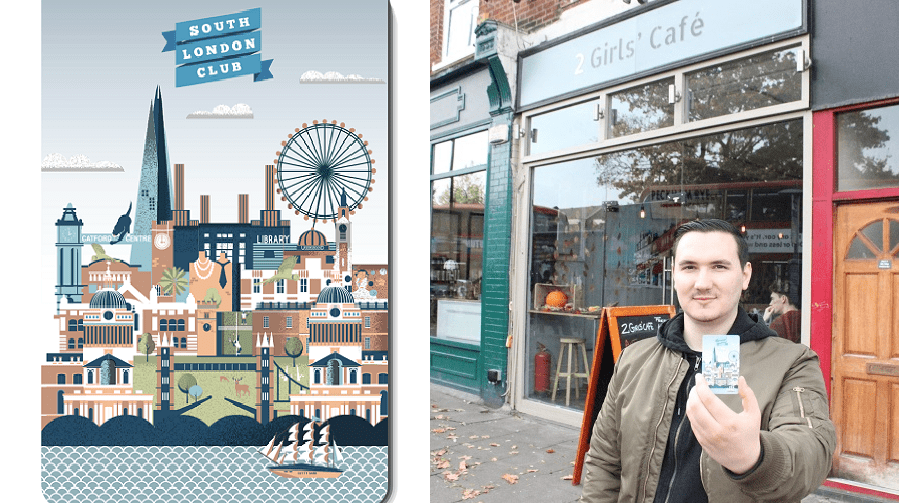 Thomas Page stood outside the 2 Girls' Cafe in Peckham Rye, one of 650 businesses that accept South London Club discount cards