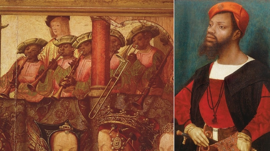 Left image, credit: artist  Antiga Bridgeman. Right image: 'Portrait of a Moor' by Jan Mostaert