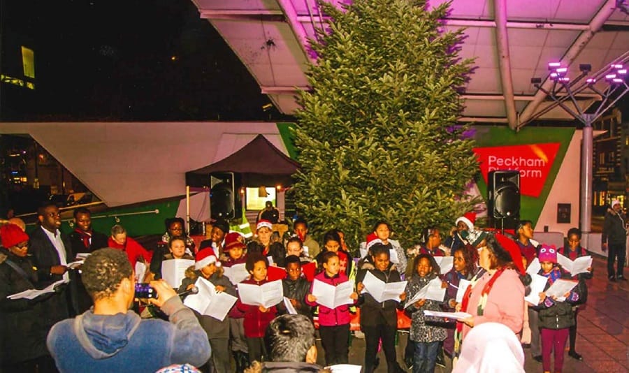 Oliver Goldsmith carol singers in Peckham Square for the Christmas tree lights switch-on in 2015