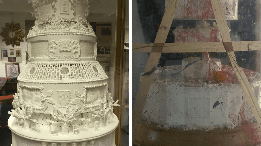 The restored replica of the cake (left) and the original replica destroyed by vandals in 2015 (right)